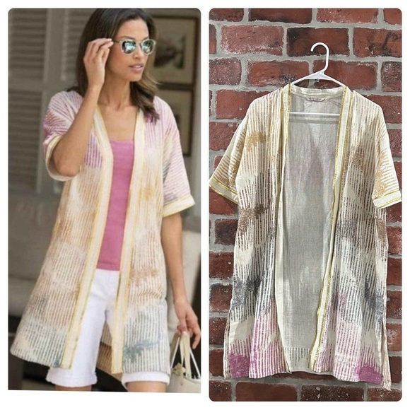 Soft Surroundings Colorblock Kimono Duster One Size 100% Cotton Boho Style - Picture 1 of 8
